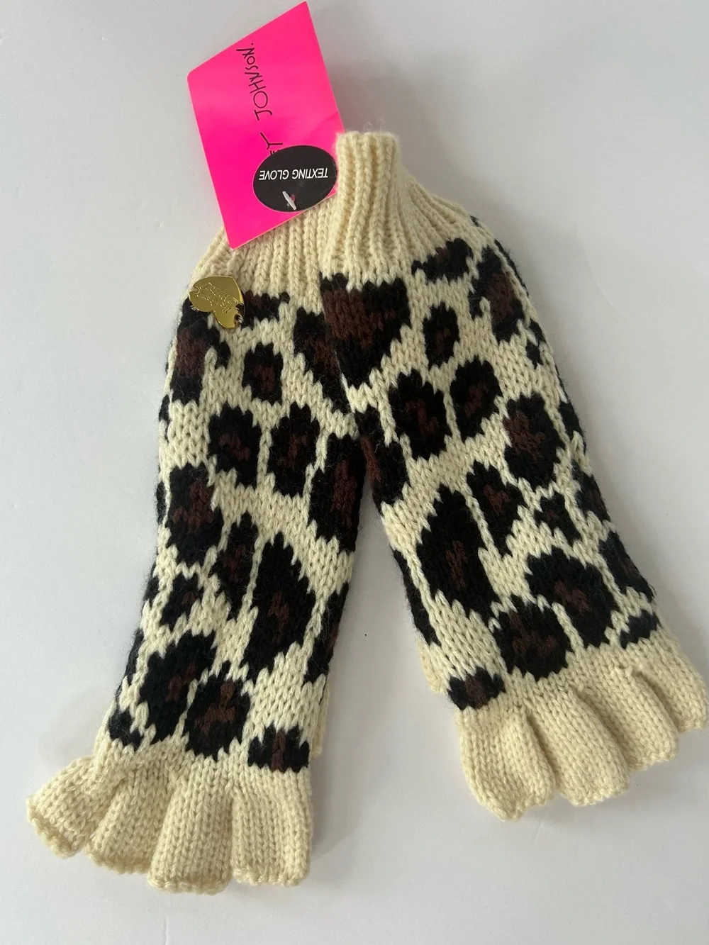 Betsey Johnson Cream Leopard Print Fingerless Gloves